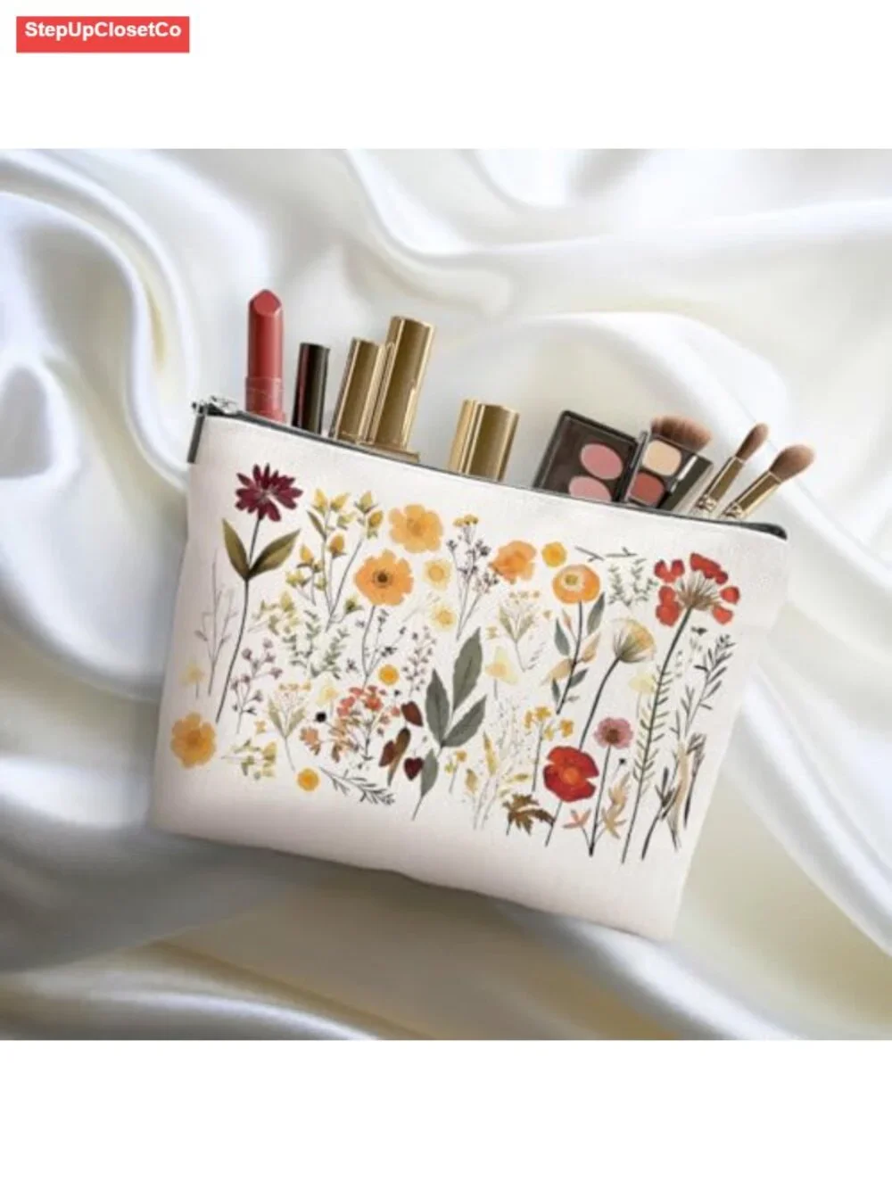 Vintage Wildflower Linen Makeup Bag, Floral Cosmetic Pouch, Travel Toiletry